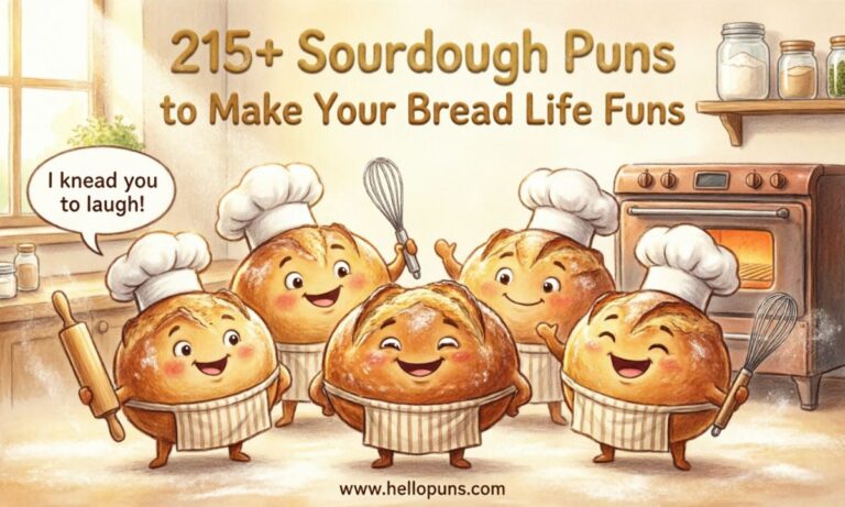 Infographic listing funny sourdough puns and bread jokes for HelloPuns